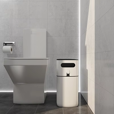 Public Restroom Facility With White Toilet Gray Tiled Walls And Waste Bin 3d model