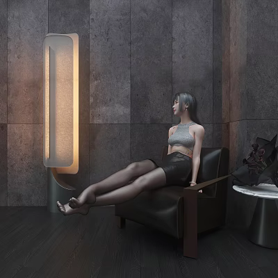 Relaxed Woman Sitting On Black Leather Chair With Gray Wall And Glowing Lamp 3d model
