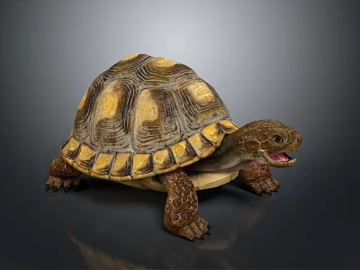 Detailed Realistic Tortoise With Yellow Brown Patterned Shell On Gray Background 3d model