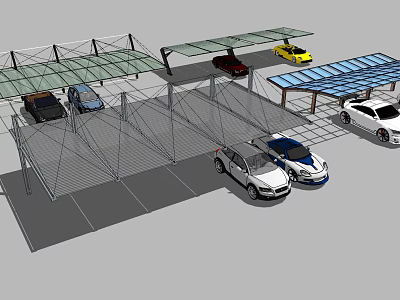 Multiple Carport Structures With Metal Frames And Transparent Canopies In Parking Area 3d model
