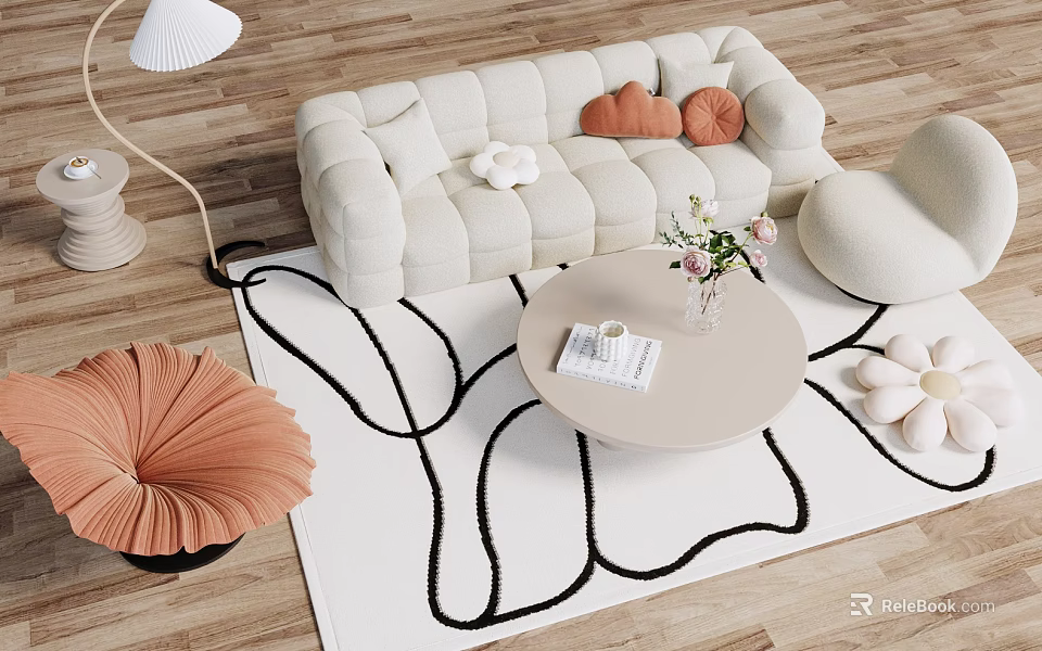 Modern Beige Sofa and Coffee Table Set With Orange Pillows Rug and Vase Flowers 3d model 