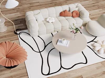 Modern Beige Sofa and Coffee Table Set With Orange Pillows Rug and Vase Flowers 3d model