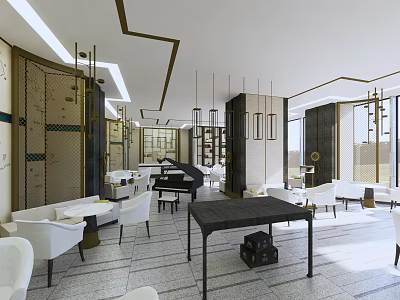 Elegant Modern Hotel Lobby Interior with Piano Sofa and Chandelier Decor 3d model