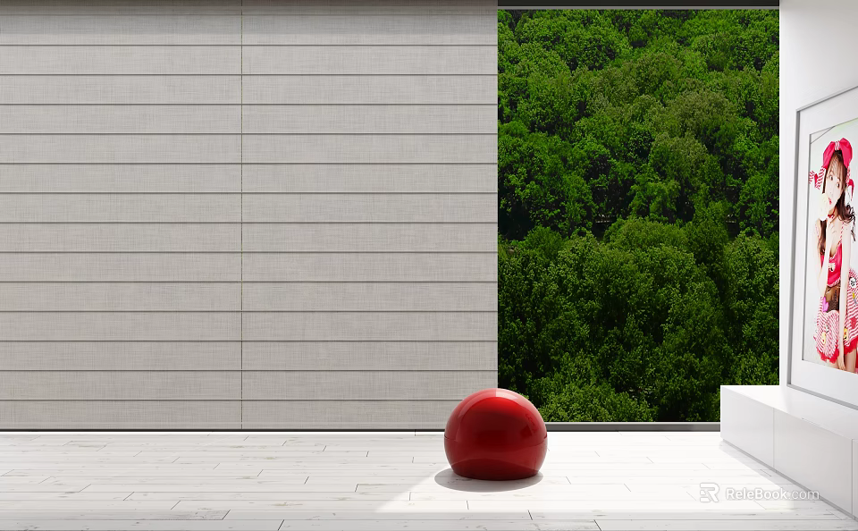 Gray Linen Roman Blinds With Green Forest View And Red Sphere 3d model 