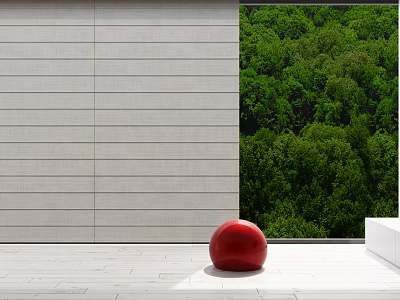 Gray Linen Roman Blinds With Green Forest View And Red Sphere 3d model