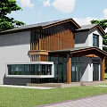 Modern Two Story Detached Villa Featuring Large Glass Windows Wooden Accents and Lush Greenery