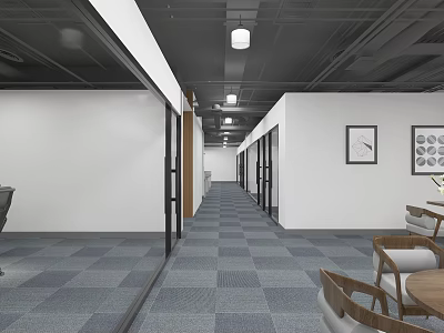 Modern Office Corridor With Glass Partitions Tables Chairs Carpet And Wall Paintings 3d model