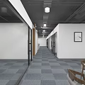 Modern Office Corridor With Glass Partitions Tables Chairs Carpet And Wall Paintings