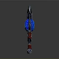 Ornate Scythe Weapon With Blue Glowing Orb And Red Wrapped Handle