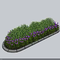 Lush Green Shrubs With Purple Flowers In Garden Flower Bed With Concrete Border