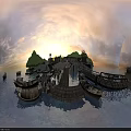Riverside Ancient Architecture Scene With Wooden Plank Walkway Boats And Distant Hills At Sunset