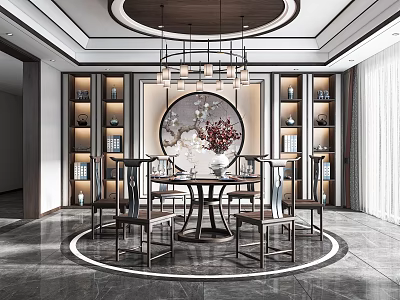 Chinese Style Restaurant Interior With Round Dining Table Chairs Chandelier And Circular Decorative Painting 3d model