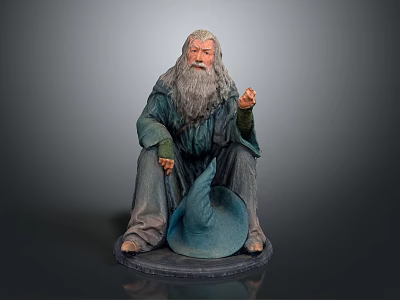 Wizard Statue With Long White Beard Blue Hat Green Robe Pointing Finger Sitting Pose 3d model