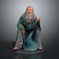 Wizard Statue With Long White Beard Blue Hat Green Robe Pointing Finger Sitting Pose 3d model