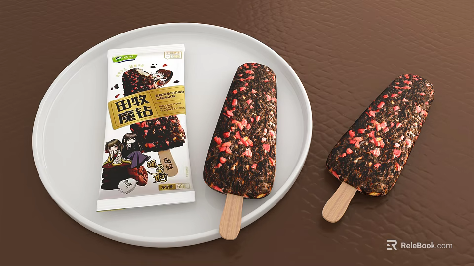 Two Delicious Dark Chocolate Ice Cream Bars with Red Sprinkles and Packaging on White Plate 3d model 
