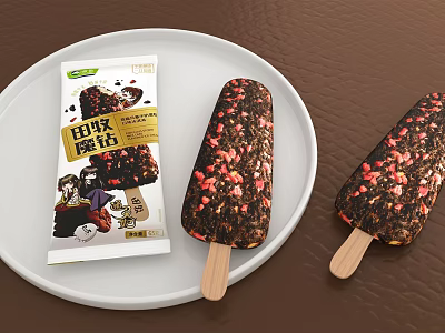 Two Delicious Dark Chocolate Ice Cream Bars with Red Sprinkles and Packaging on White Plate 3d model