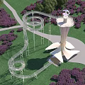 Scenic Modern Public Facility Tower With Observation Deck And Spiral Walkway In Purple Flower Field
