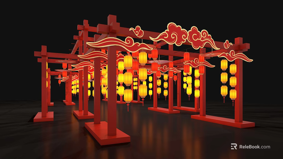 Traditional Chinese Decorative Structure With Red Frames Cloud Patterns And Yellow Lanterns 3d model 