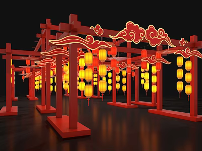 Traditional Chinese Decorative Structure With Red Frames Cloud Patterns And Yellow Lanterns 3d model