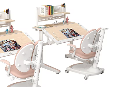 Adjustable Kids Study Desk With Pink Chair White Frame Bookshelf And Tiltable Tabletop 3d model