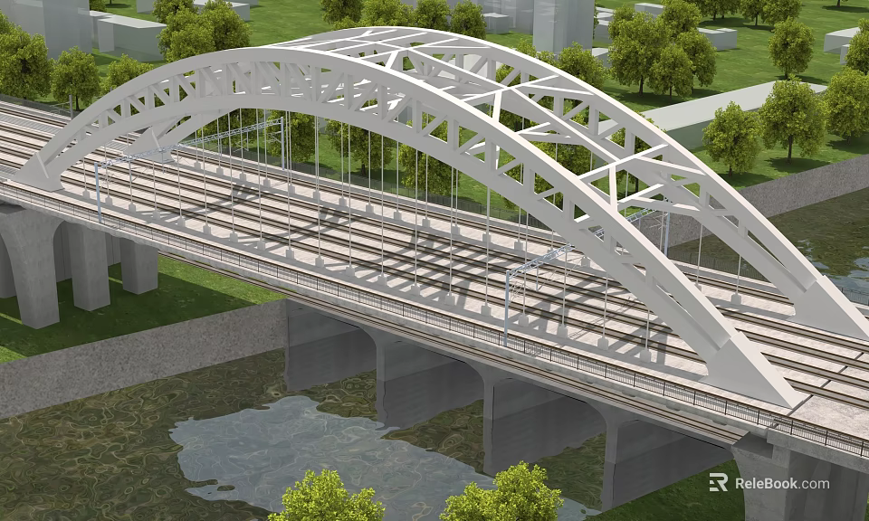 White Steel Arch Railway Bridge Over River With Green Vegetation And Trees 3d model 