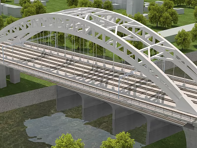 White Steel Arch Railway Bridge Over River With Green Vegetation And Trees 3d model