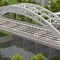 White Steel Arch Railway Bridge Over River With Green Vegetation And Trees