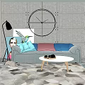 Gray Multi Seater Sofa with Colorful Cushions White Round Coffee Table and Patterned Rug 3d model