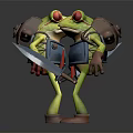 Anthropomorphic Green Frog Characters With Backpack Blue Vest Red Eyes And Brown Boots