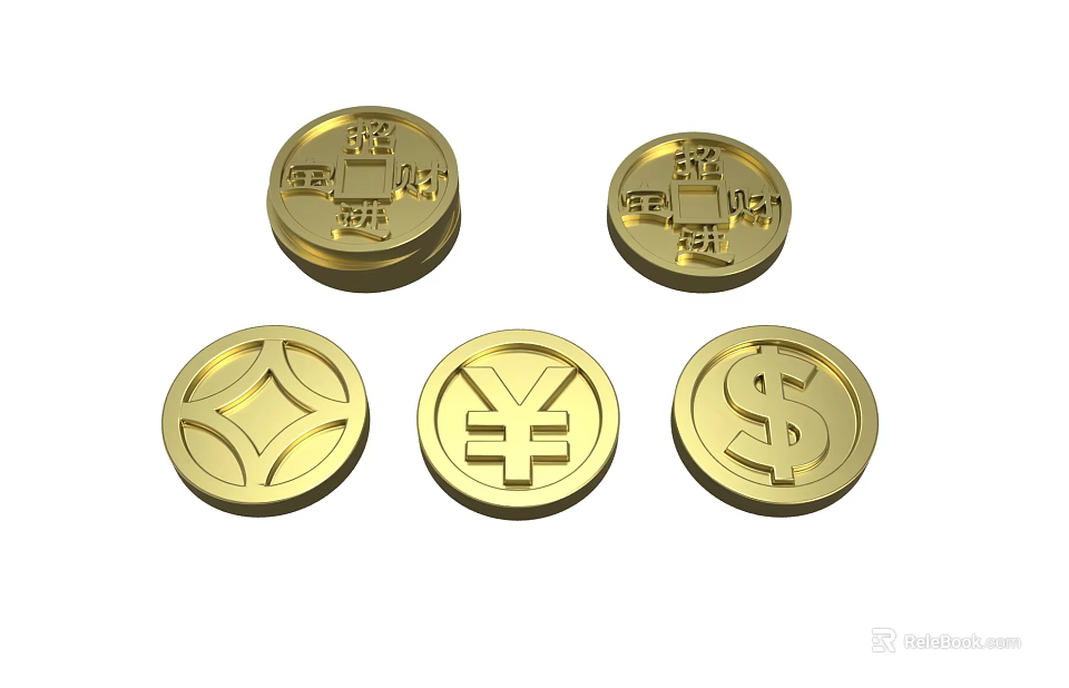 Gold Coin Jewelry With Various Cultural And Currency Symbols And Shiny Finish 3d model 