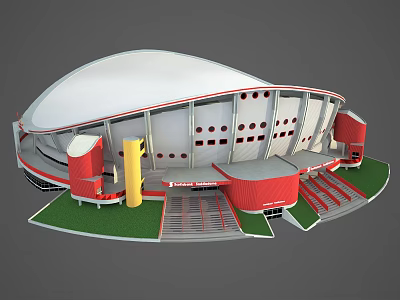 Modern Sports Stadium 3D Model With White Roof Red Gray Structure And Green Lawn 3d model