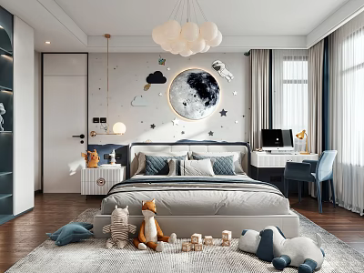 Kids Room Interior Design With Cloud Chandelier Moon Star Wall Decor Bed And Stuffed Toys 3d model