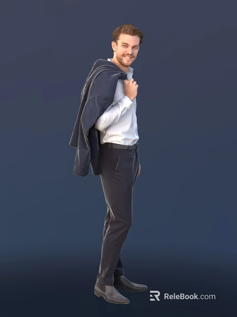Man Wearing White Shirt And Dark Pants With Suit Jacket Over Shoulder Against Blue Background 3d model 