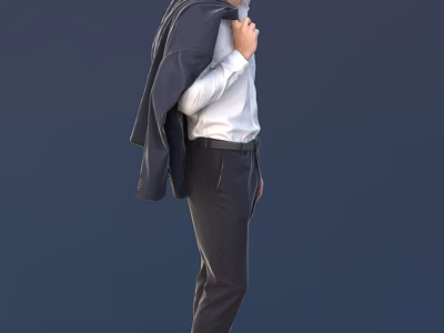 Man Wearing White Shirt And Dark Pants With Suit Jacket Over Shoulder Against Blue Background 3d model