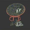 Blue Round Rattan Frame Chair With Tufted Cushion And Striped Pillows