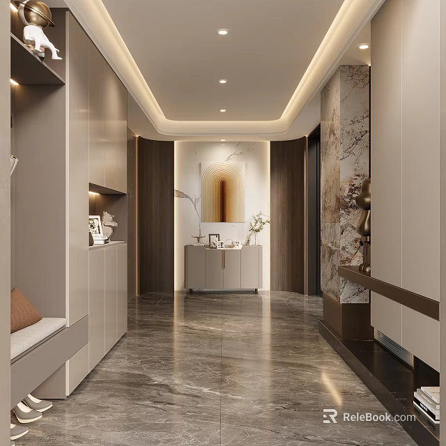 Modern Foyer Hallway Interior With Storage Cabinets Art Decor And Marble Flooring 3d model 
