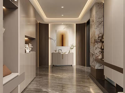 Modern Foyer Hallway Interior With Storage Cabinets Art Decor And Marble Flooring 3d model