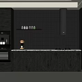 Modern Dark Gray Kitchen Sideboard With Black Tile Backsplash Open Shelf Glassware And Built-in Appliances