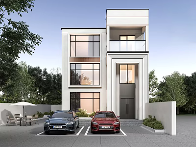 Modern Detached Villa Exterior With Large Windows Parking Spaces Two Cars And Greenery 3d model