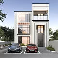 Modern Detached Villa Exterior With Large Windows Parking Spaces Two Cars And Greenery