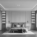 Modern Elegant Bedroom Interior With Headboard Wall LED Strips Bedside Tables Wall Lamps And Wooden Flooring