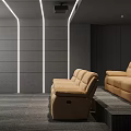 Modern Home Theater Room Interior With Projector Gray Walls White LED Lights And Brown Sofas