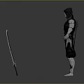 3D Model Of Hooded Warrior With Green Eyes Black Outfit And Long Sword