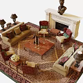 Classic Sofa and Coffee Table Set with Fireplace Table Lamps and Decorative Rug 3d model