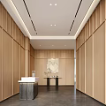 Modern Lobby Interior Featuring Wooden Walls Ceiling Large Windows Greenery Sofa Chairs And Decorative Painting