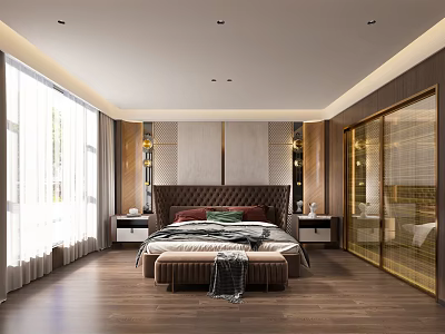 Modern Bedroom Interior With King Size Bed Wooden Floors Nightstands And Large Windows 3d model