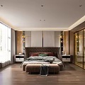 Modern Bedroom Interior With King Size Bed Wooden Floors Nightstands And Large Windows