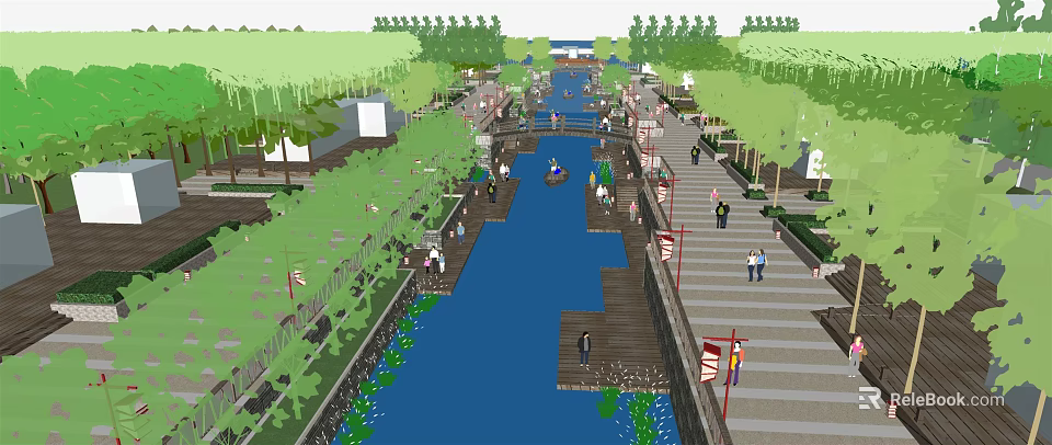 Waterfront Landscape With River Channel Trees Pedestrians Walkways And Wooden Boardwalks 3d model 