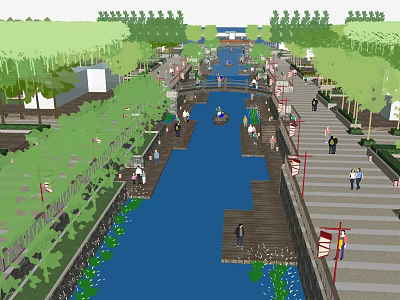 Waterfront Landscape With River Channel Trees Pedestrians Walkways And Wooden Boardwalks 3d model