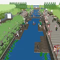 Waterfront Landscape With River Channel Trees Pedestrians Walkways And Wooden Boardwalks